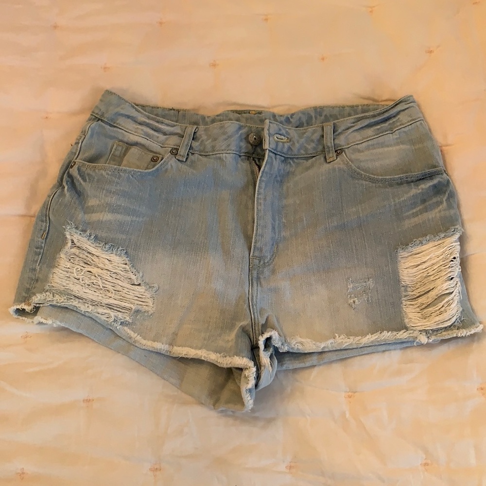 Distressed denim shorts